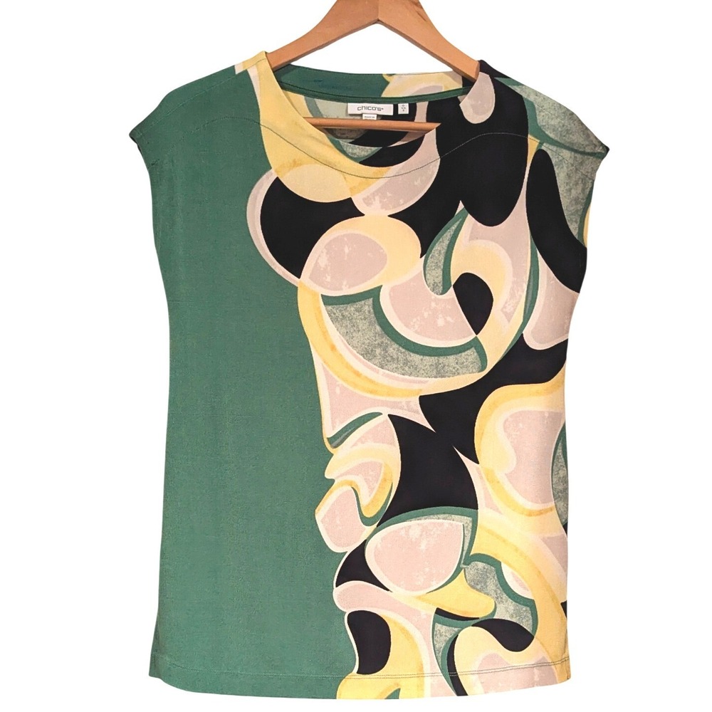 Chico's‎ Abstract Geometric Top  Small Green Yellow Mod Art To Wear Blouse
